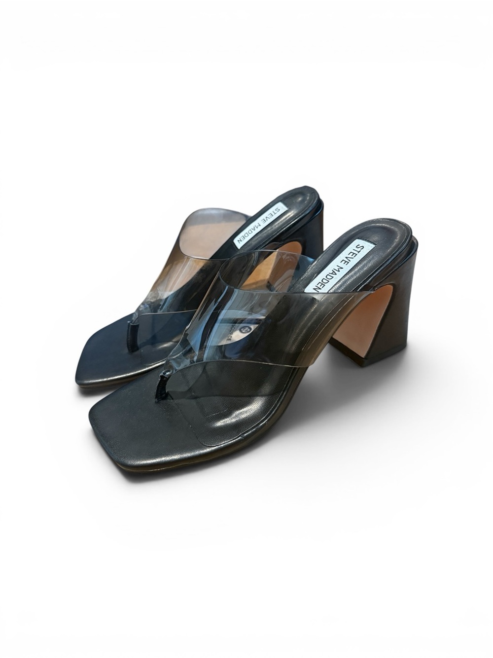 Steve Madden Feeva Black Square-Toe Clear Grey Strap Block Heels Size 6.5 - Picture 3 of 13